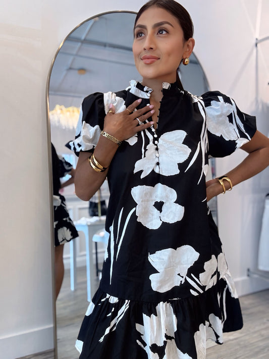 Mono Floral Shift Mini Dress