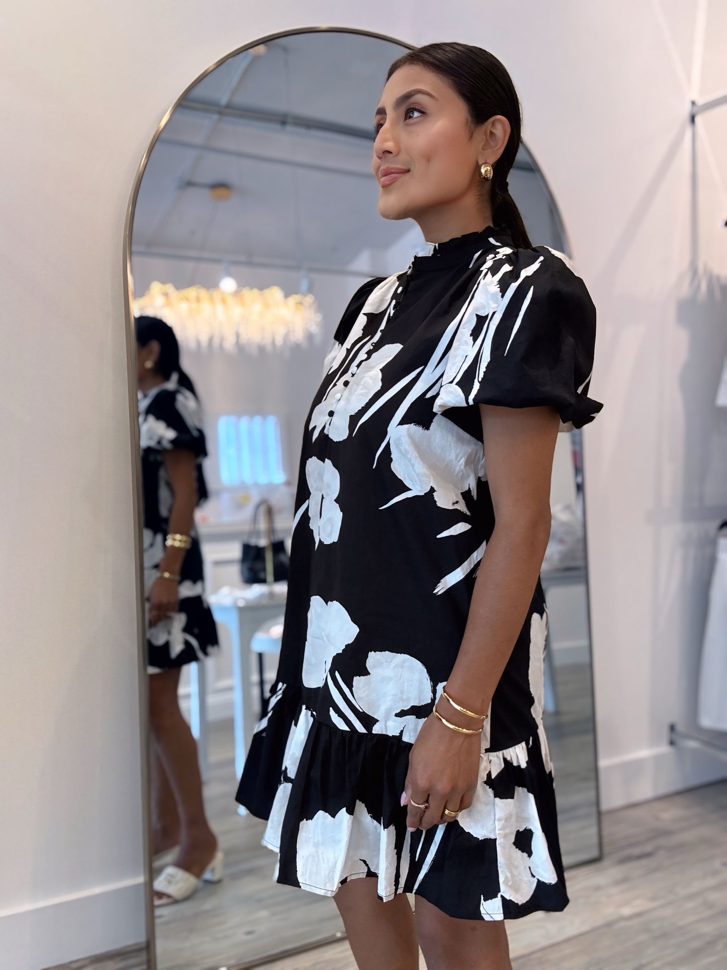 Mono Floral Shift Mini Dress
