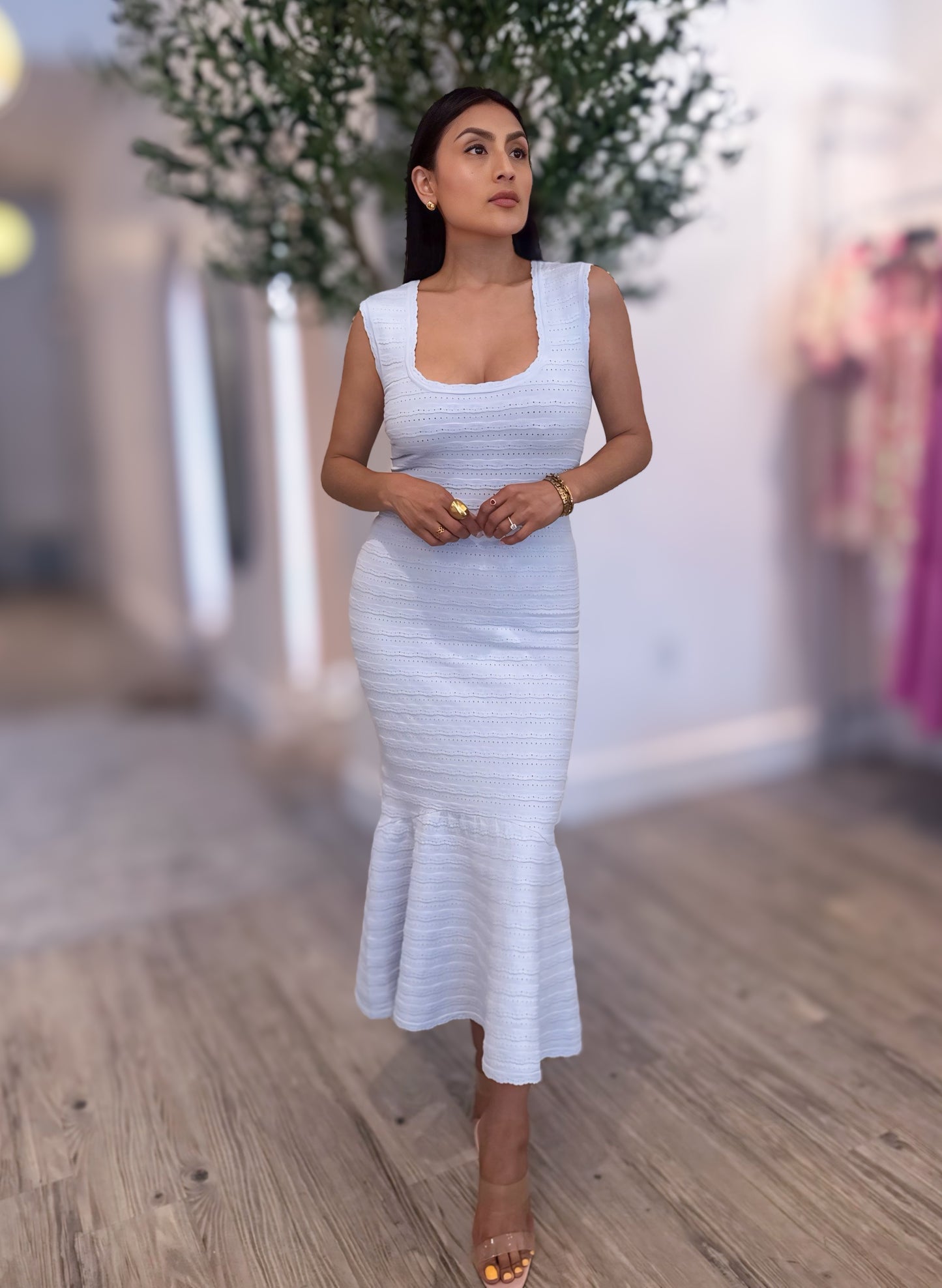 Pointelle Knit Midi Dress