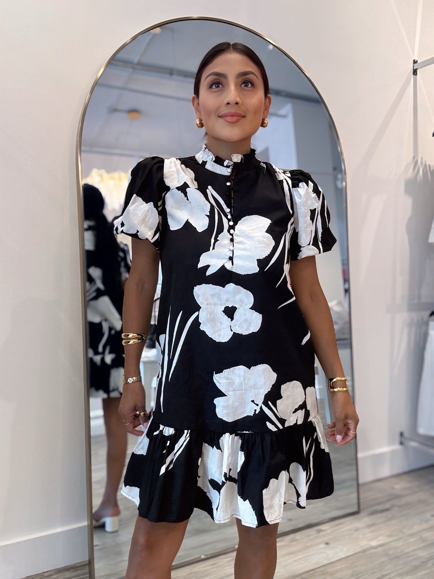 Mono Floral Shift Mini Dress